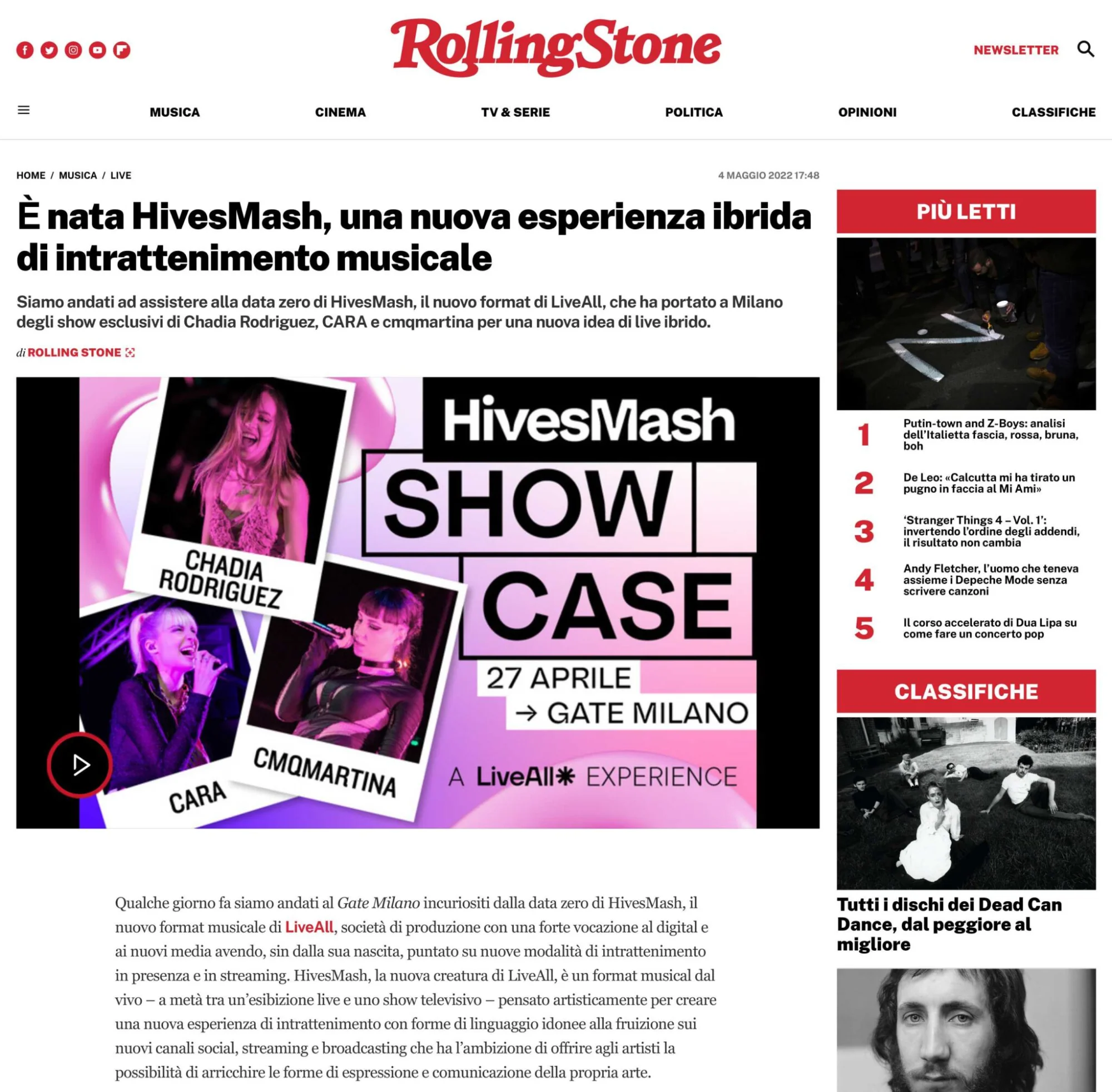 Articolo Rolling Stone su HivesMash - Prima serata al Gate Milano con cmqmartina, CARA e Chadia Rodriguez